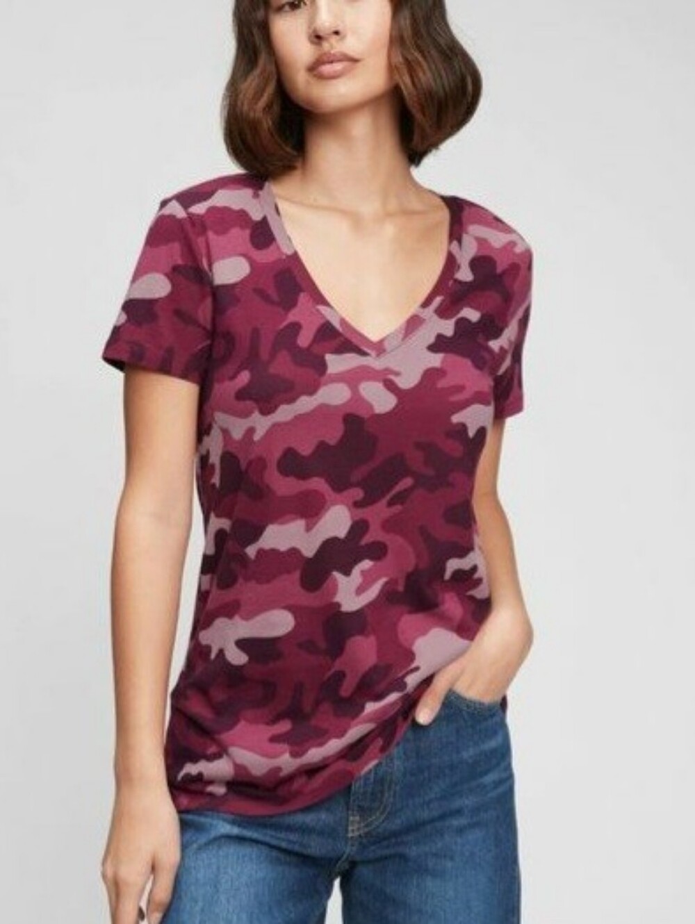 GAP Pink & Burgundy Camo V-Neck Tee